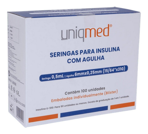 Seringa Insulina 0,5ml C/agulha 6x025mm 31g Cx C/100 Uniqmed