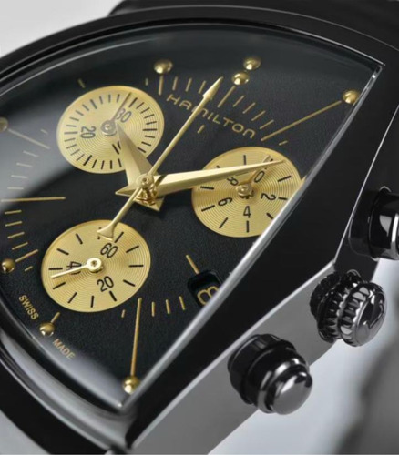 Reloj Hamilton Ventura L Chrono Quartz Unisex H24402730 Correa Negro Bisel Negro Fondo Negro