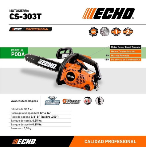 Imagen 3 de 8 de Motosierra Echo Cs 303t 30.1cc Espada 31cm Poda Japon Ppi
