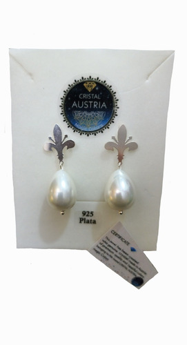 Aros Perlas Grandes Forma De Gota Modelo Flor De Lis , Plata