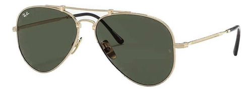 Óculos de sol Ray-Ban Aviator Titanium Standard armação de titânio cor gloss gold, lente green de cristal clássica, haste gloss gold de titânio - RB8125