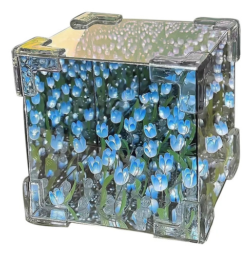 Cubo Tulipanes Infinito Lampara Noche Cubo Espejo Romantico Estructura Azul Pantalla Blanco Azul Blanco