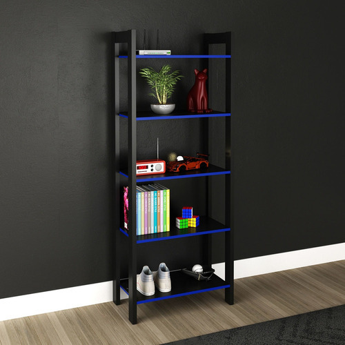 Estante Para Livros Gamer 1,65m Com 5 Prateleiras 4 Nichos Cor Preto Com Azul