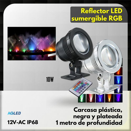 Reflector Sumergible 10w 12v Rgb Ip68 Carcasa Plateada