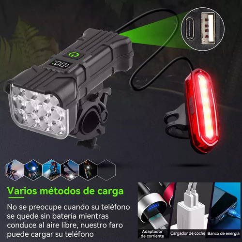 Luz Bicicleta Recargable Delantera Traser 12 Led Y Claxon