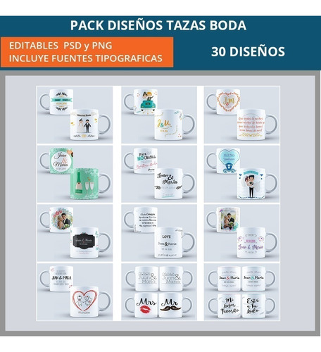 30 Plantillas Sublimación Tazas | Matrimonio Boda Psd