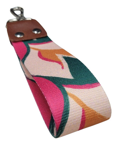 Llavero De Mujer Cinturon O Auto Cuero Y Cinta Mosquetón Fucsia-verde-naranja