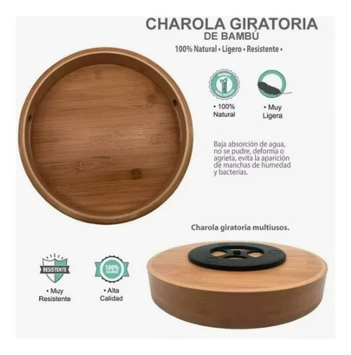 Charola De Bambú Giratoria 35x5cm Multiusos Ecológica