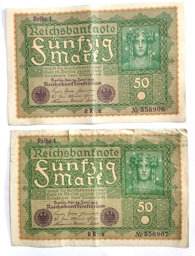 2 Billete Alemania 50 Marcos 1919 Reichsbanknote Correlativo