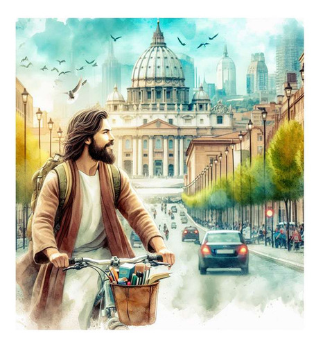 Vinilo 100x100cm Jesus En Bici Con Casa Blanca De Fondo