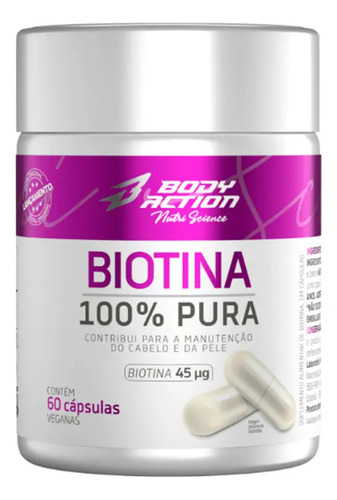 Biotina 100% Pura 45mcg 60 Cápsulas Veganas Bodyaction Sabor Sem sabor