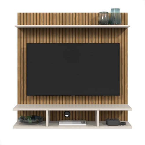 Painel Para Tv 32 Polegadas 90x90 Com 3 Nichos E Prateleiras Cor Ripado Off-white
