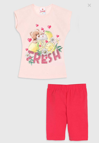 Conjunto Infantil Menina Camisa Bermuda Urso Rosa Brandili
