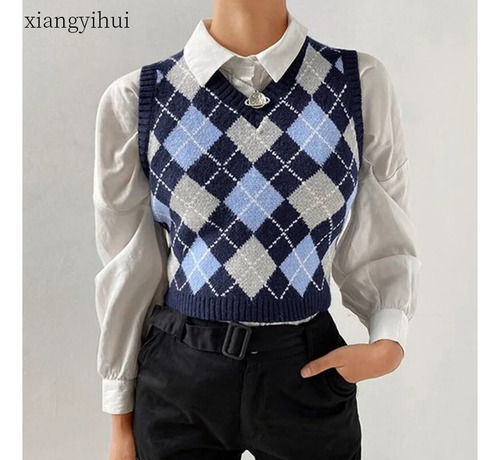 Chaleco De Punto A Cuadros Para Mujer, Casual, Todo Combinad