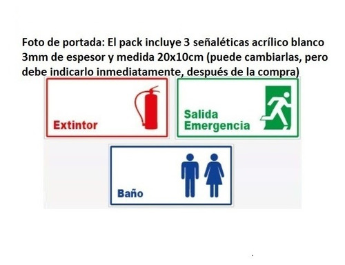 Letrero Señalética 1 Extintor+1 Salida+1 Baño 20x10cm (3und)