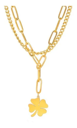 comprar Collar Doble Cadena Con Dije Trébol Color Oro De Acero Mujer