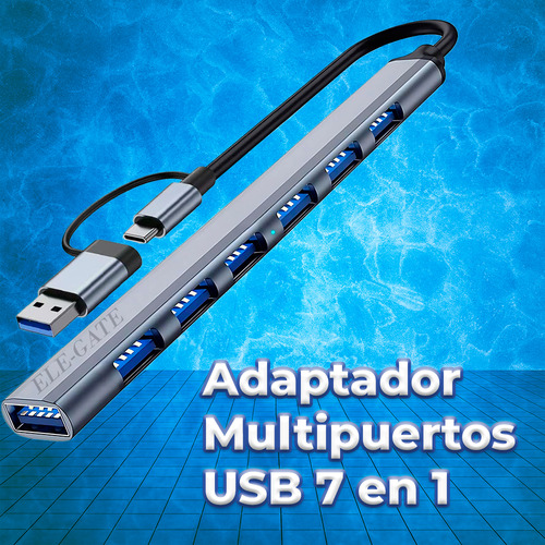 Hub Usb 3.0 7 Puertos Divisor Hub Usb Multipuerto Usb Tipo C Color Plateado Ele-Gate