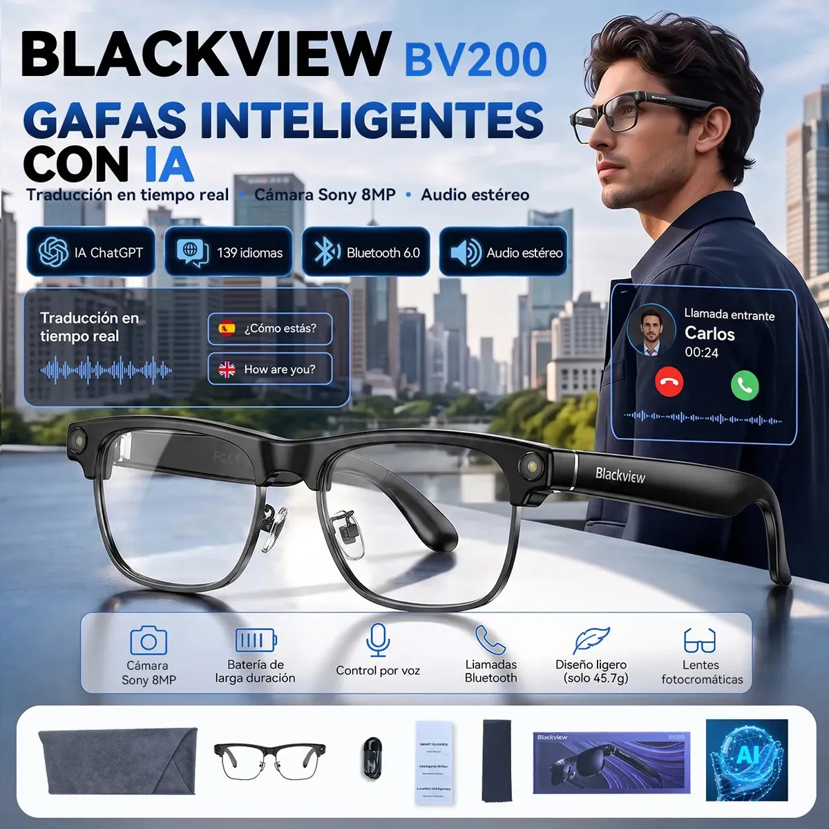 Gafas Inteligentes Blackview BV200 con Cámara Sony 8 MP y Traducción en 139 Idiomas, Bluetooth 6.0 Audio Estéreo