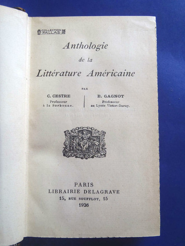 Antologia Literatura Americana - 1926 En Frances