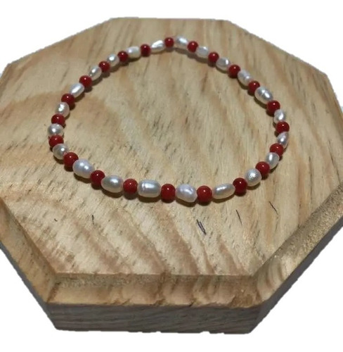 1 Pulsera De Perla Cultivada Y Coral Rojo Natural Reiki Yoga