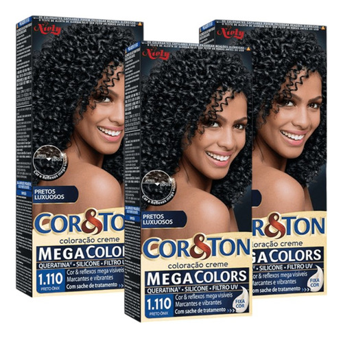 Tinta De Cabelo Coloração Creme Cor&ton Preto Onix Kit C/3