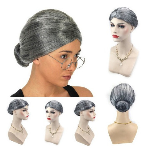 Old Lady Granny Granny Grey Peluca Bun Hair Grand Moth