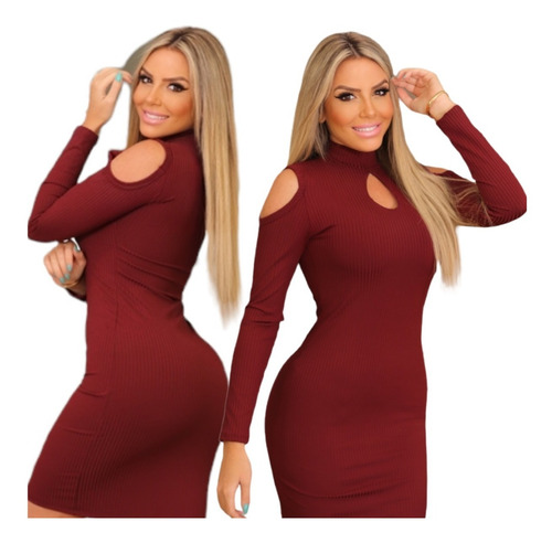 Imagem 1 de 7 de Vestido Manga Longa Tubinho Midi Gola Alta Canelado Gota