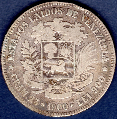 Moneda De 5 Bolívares De 1900 Fuerte De Plata