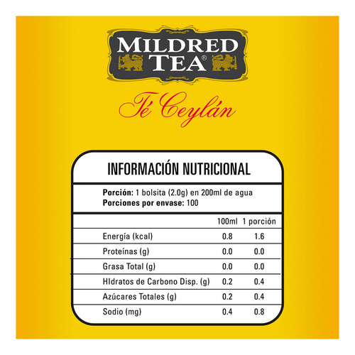 Té Ceylán Mildred Tea Caja 100 Bolsitas 200g