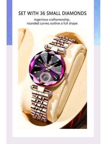 Reloj Poedagar de cuarzo de lujo con diamantes para mujer, correa cian, color oro rosa y bisel, color oro rosa