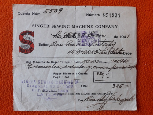 Antiguo Recibo Maquina De Cocer Singer Con Sello Fiscal 1941