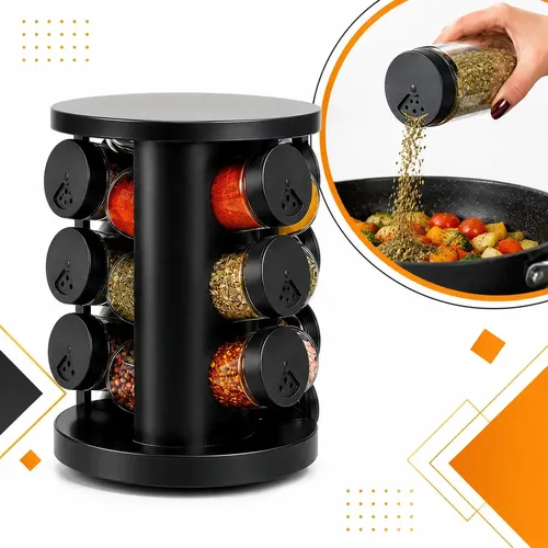 Porta Temperos com 9 Potes de Vidro, Base Giratória 360°  e Etiquetas