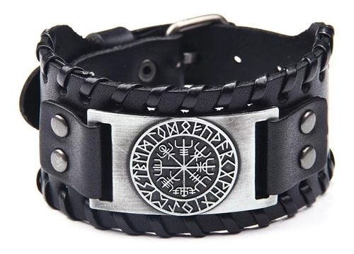 Pulsera Vikinga Vegvisir Nórdico Cuero Negro Hombre 