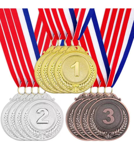 . Set De 15 Medallas Metálicas Oro Plata Bronce Con Listón