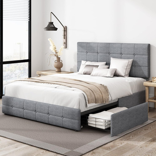 Base De Cama Matrimonial Tapizada Gris 4 Cajones Keyluv