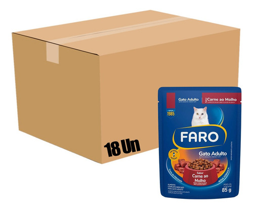 Ração Úmida Faro Gatos Adultos Carne Sache 85g Caixa 18 Un