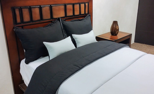 Edredón Matrimonial Set 9 Pzas Doblé Vista Negro/gris Claro Negro Liso