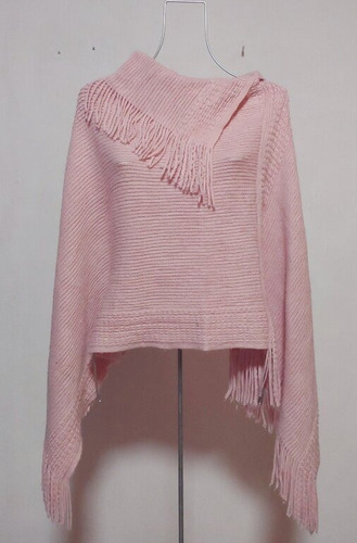 Poncho Capa Con Cuello Y Flecos Rosa Tejido Multiusos Moda