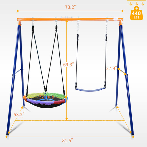 Juego De Columpio Para Patio Trasero Con Soporte Resistente Azul, Naranja