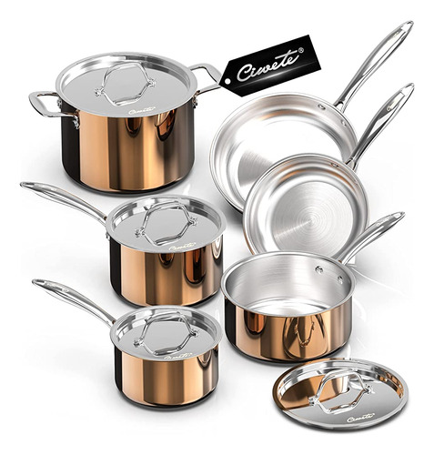 Ciwete Copper Pots And Pans Set Tri-ply Cookware Set 10 Piec