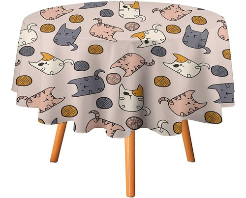 Cats Lie On A Pink With Thread Balls Round Tablecloth Polye