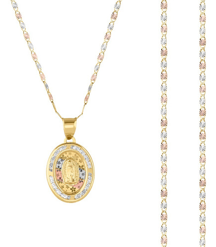 Medalla Ovalada Virgen Guadalupe Flores Con Cadena Oro 10k Color Dorado