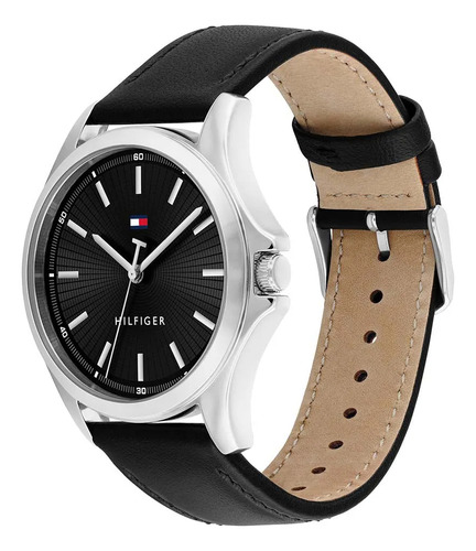 Reloj Tommy Hilfiger Hombre Cuero 1710668 Fondo Negro Negro Plateado Negro