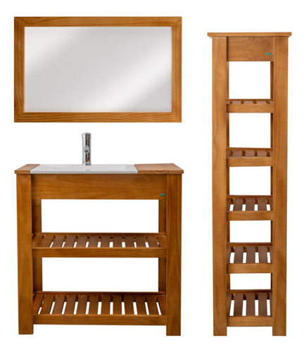 Combo Baño Vanitory Madera Maciza 80cm Organizador Espejo