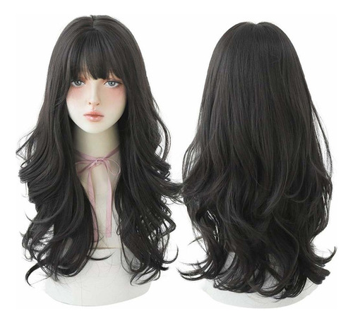 Peluca Larga Rizada Negra Natural Con Flequillo Para Mujer