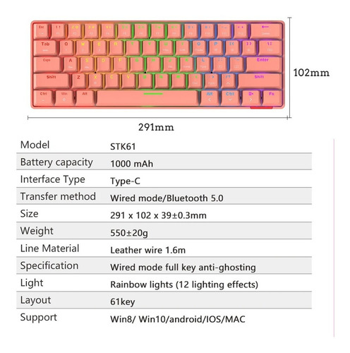 Imagen 7 de 7 de Teclado Mecánico 60% Bluetooth Switch Red- Daidai Stk61 Rosa
