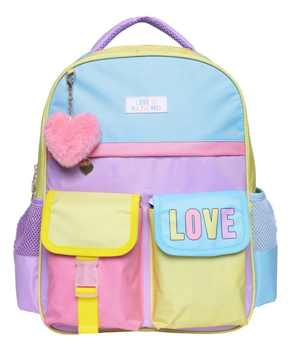 Mochila Escolar Infantil Love Colorida Candy Colors Femenina Cor Lilás Desenho Do Tecido Liso