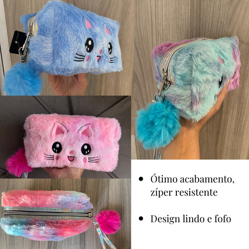 Estuche escolar Plush Kitten Box Necessaire Pompom, tamaño grande, color gatito rosa