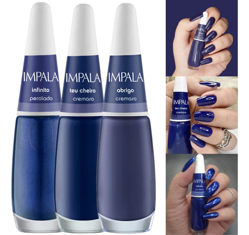 Kit 3 Esmaltes Impala Cremosos Coleção Tons De Azul