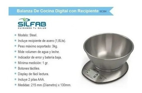 Balanza de cocina digital Silfab Steel BC304 pesa hasta 3kg